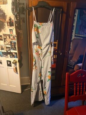 Striped Floral Spaghetti-Strap Jumpsuit - Blue & White